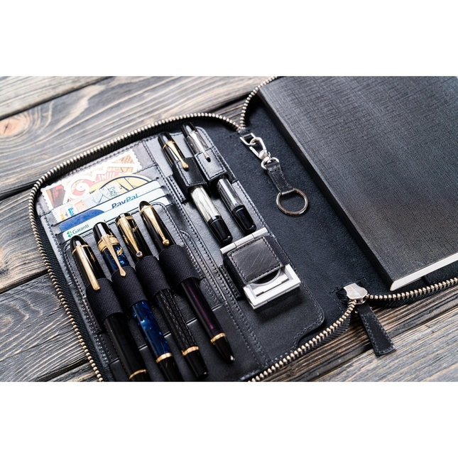 Galen Leather Zippered A5 Notebook Folio Nero
