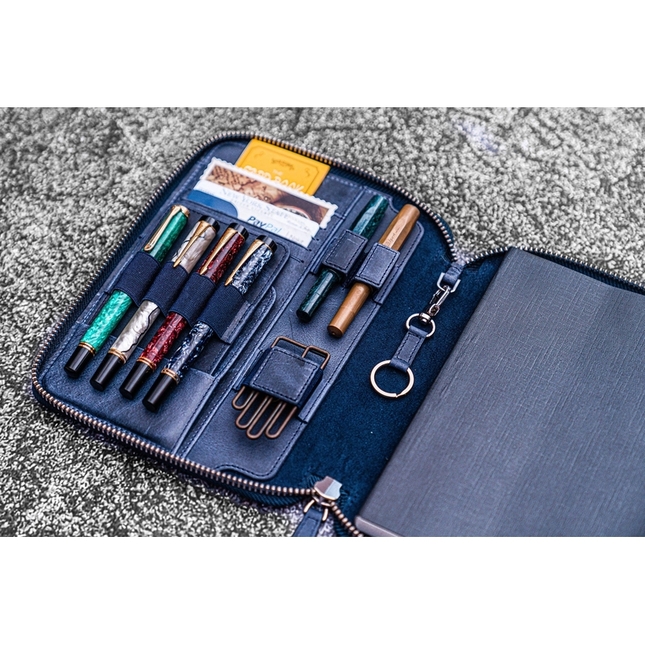 Galen Leather Zippered Folio A5 Notebook Crazy Horse Navy Blue
