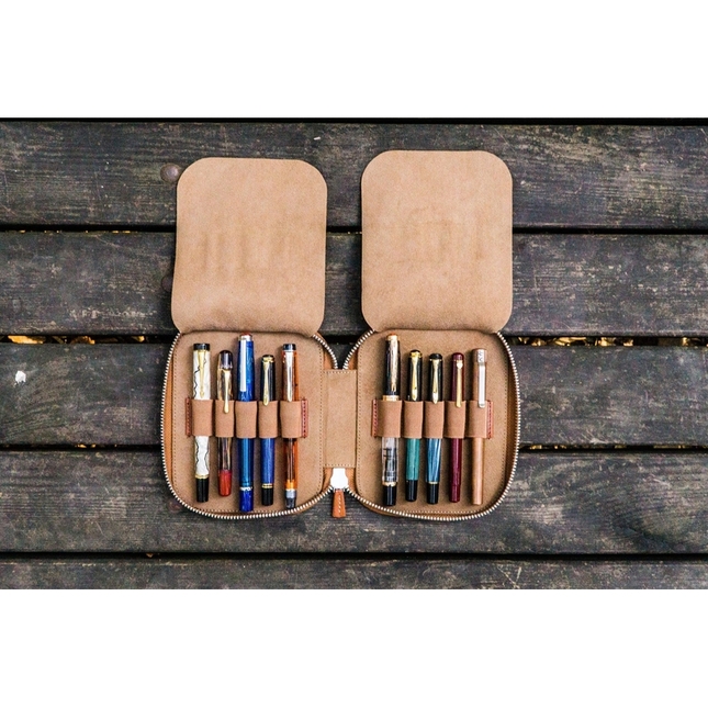 Galen Leather Zippered 10 Slots Pen Case Brown