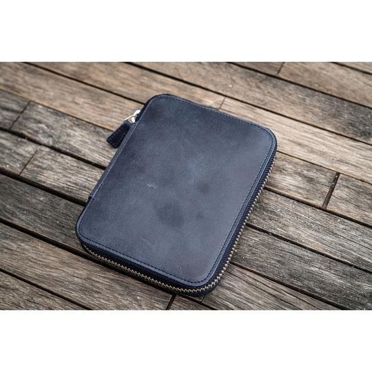 Galen Leather Zippered 10 Slots Pen Case Crazy Horse Navy Blue