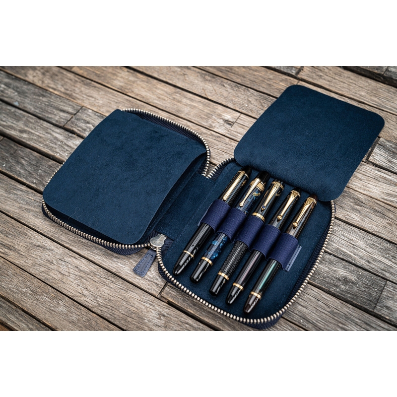 Galen Leather Portapenne in Pelle con Zip 10 Posti Crazy Horse Navy Blue