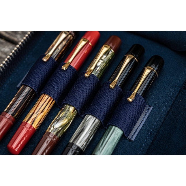 Galen Leather Zippered 10 Slots Pen Case Crazy Horse Navy Blue