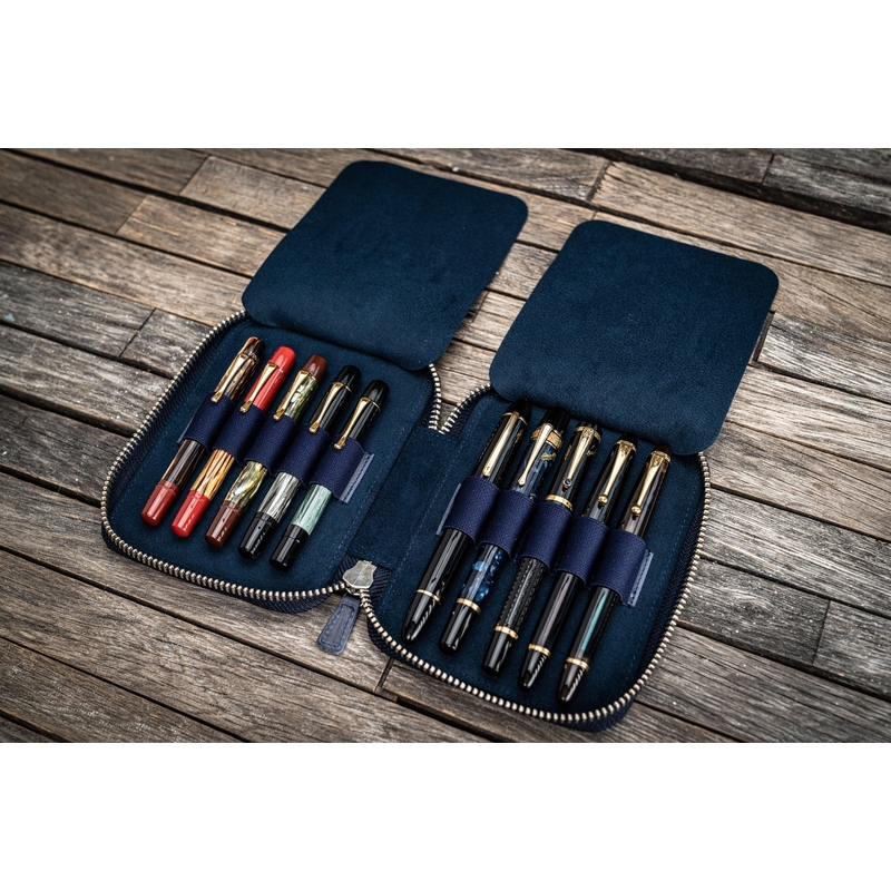 Galen Leather Portapenne in Pelle con Zip 10 Posti Crazy Horse Navy Blue