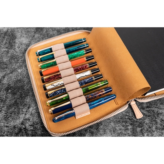 Galen Leather Zippered 10 Slots Pen Case with A5 Notebook Undyed Leather