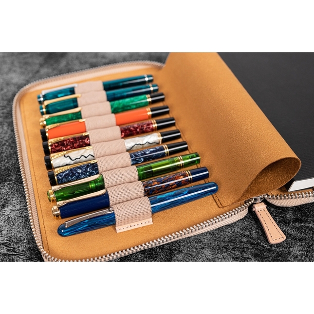 Galen Leather Zippered 10 Slots Pen Case with A5 Notebook Undyed Leather