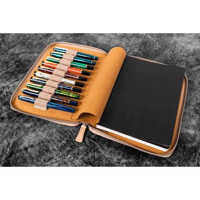 Galen Leather Zippered 10 Slots Pen Case with A5 Notebook Undyed Leather
