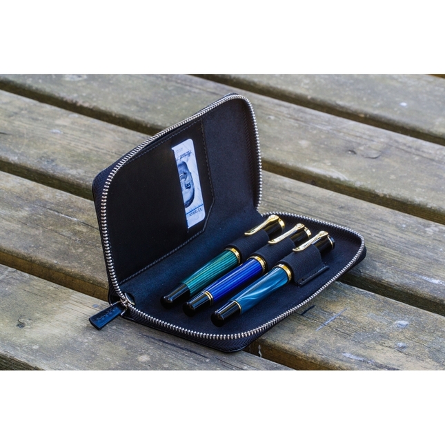 Galen Leather Zippered 3 Slots Pen Case Black