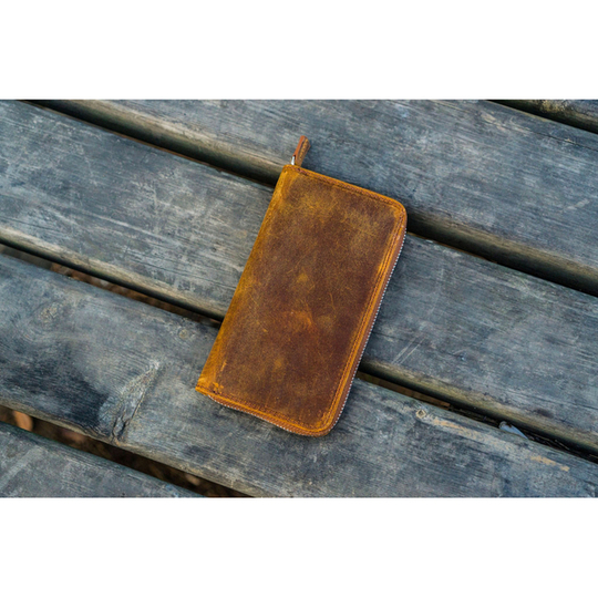 Galen Leather Zippered 3 Slots Pen Case Crazy Horse Brown