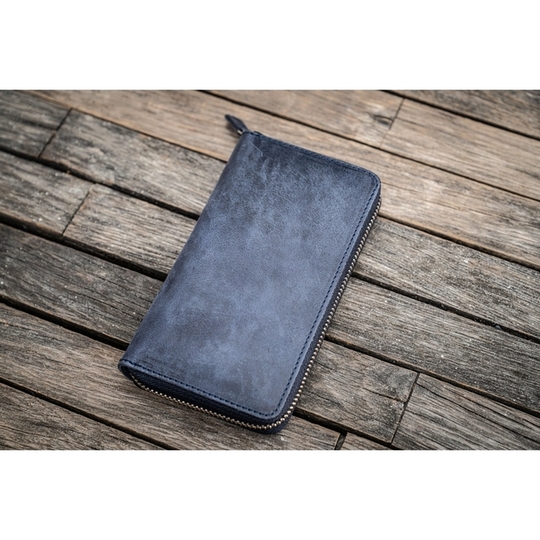 Galen Leather Zippered 3 Slots Pen Case Crazy Horse Navy Blue