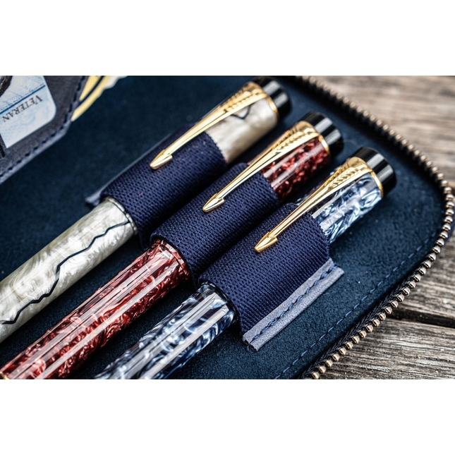 Galen Leather Zippered 3 Slots Pen Case Crazy Horse Navy Blue
