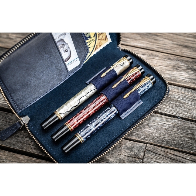 Galen Leather Zippered 3 Slots Pen Case Crazy Horse Navy Blue