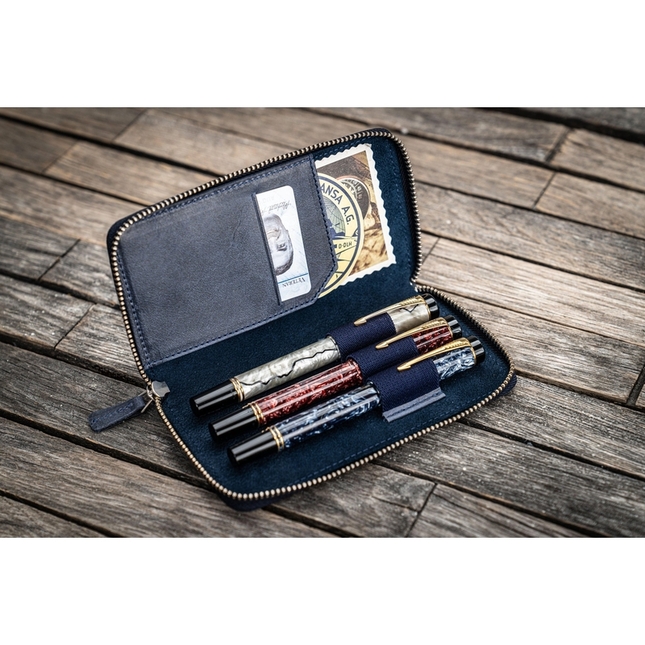 Galen Leather Zippered 3 Slots Pen Case Crazy Horse Navy Blue