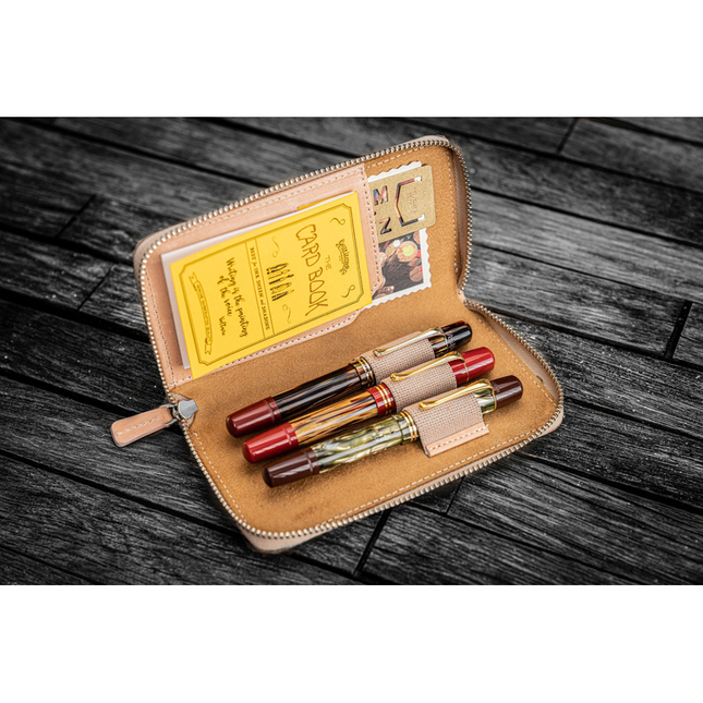 Galen Leather Zippered 3 Slots Pen Case Undyed Leather