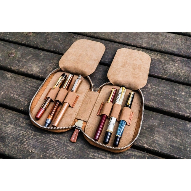 Galen Leather Portapenne in Pelle con Zip 6 Posti Marrone