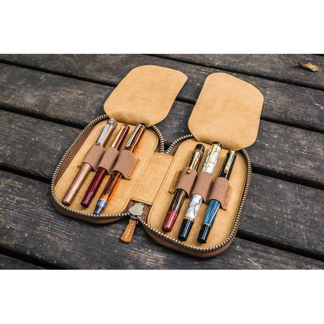 Galen Leather Zippered 6 Slots Pen Case Crazy Horse Brown