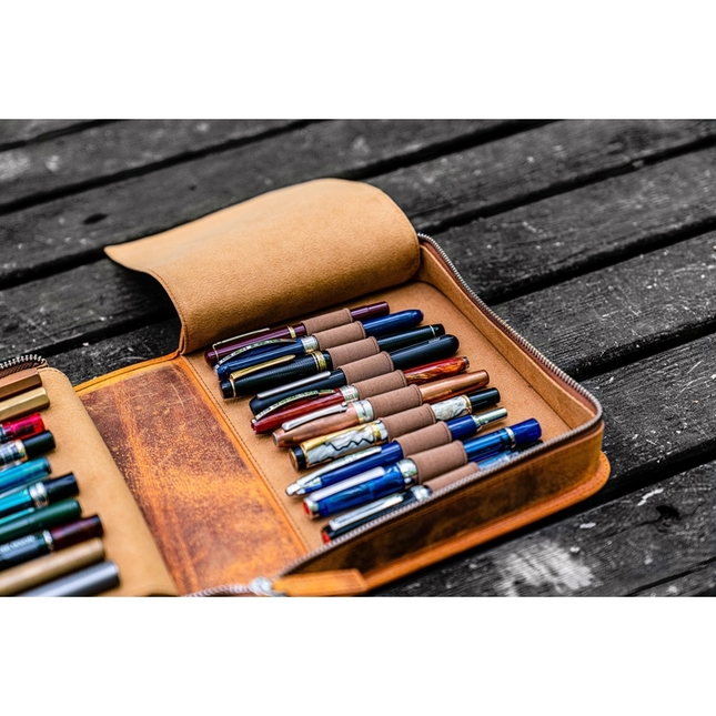 Galen Leather Zippered 40 Slots Pen Case Crazy Horse Brown