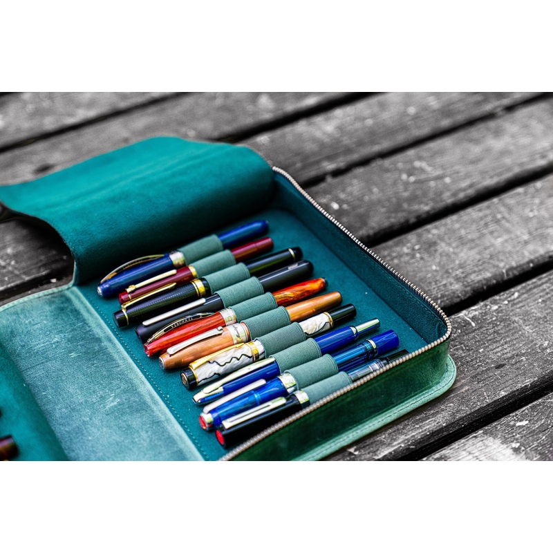 Galen Leather Zippered 40 Slots Pen Case Crazy Horse Forest Green