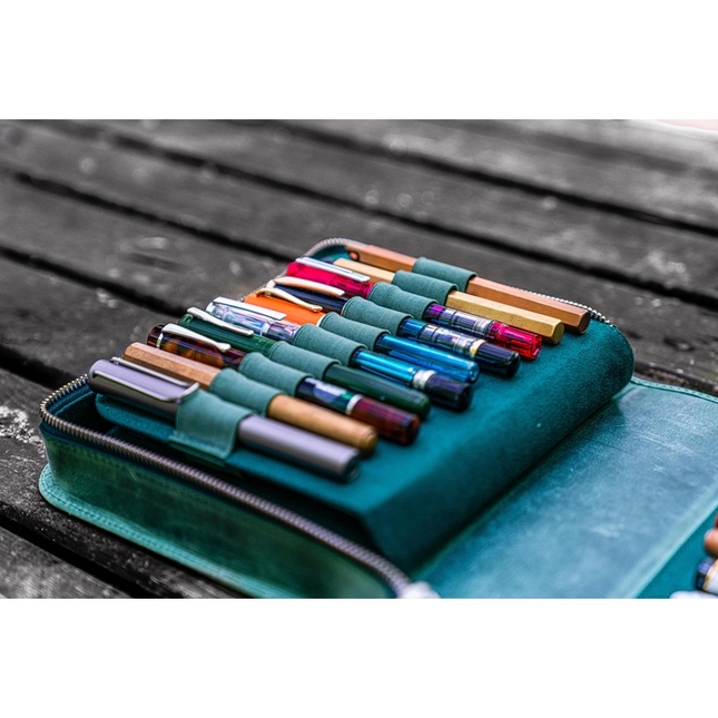 Galen Leather Portapenne in Pelle con Zip 40 Posti Crazy Horse Forest Green