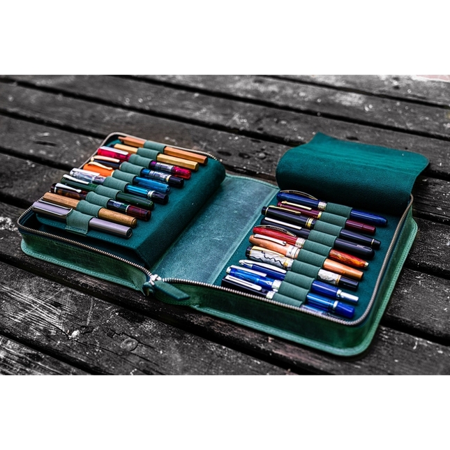 Galen Leather Portapenne in Pelle con Zip 40 Posti Crazy Horse Forest Green