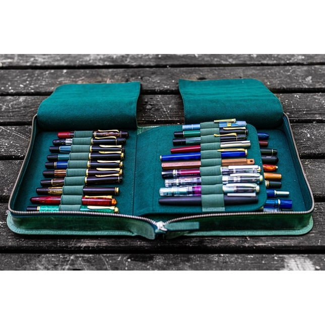 Galen Leather Portapenne in Pelle con Zip 40 Posti Crazy Horse Forest Green