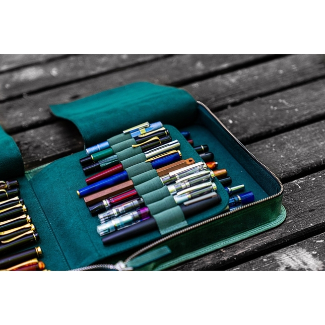 Galen Leather Portapenne in Pelle con Zip 40 Posti Crazy Horse Forest Green