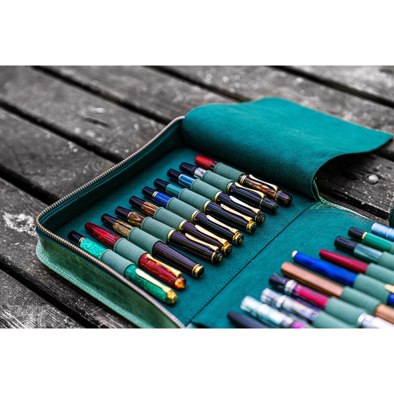 Galen Leather Portapenne in Pelle con Zip 40 Posti Crazy Horse Forest Green