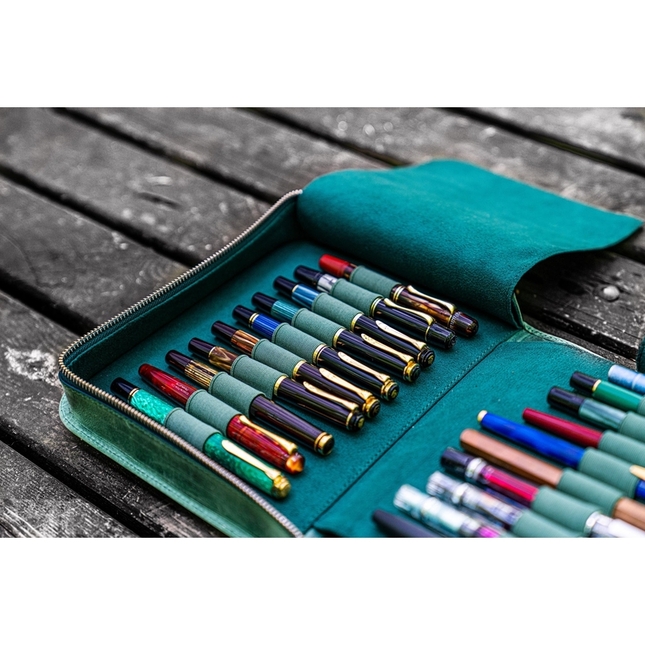 Galen Leather Portapenne in Pelle con Zip 40 Posti Crazy Horse Forest Green
