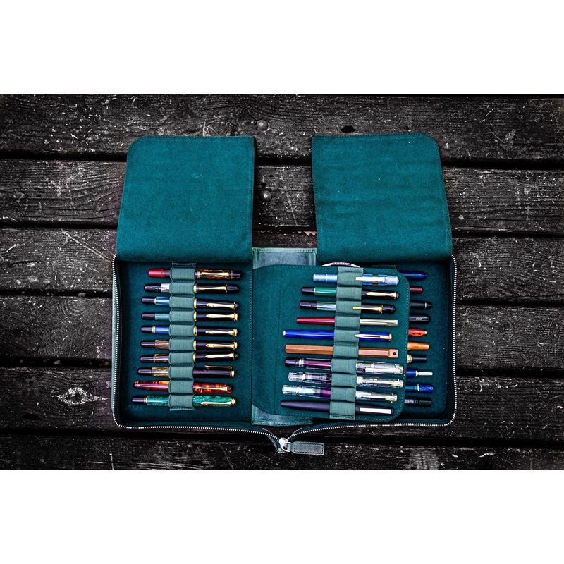 Galen Leather Portapenne in Pelle con Zip 40 Posti Crazy Horse Forest Green