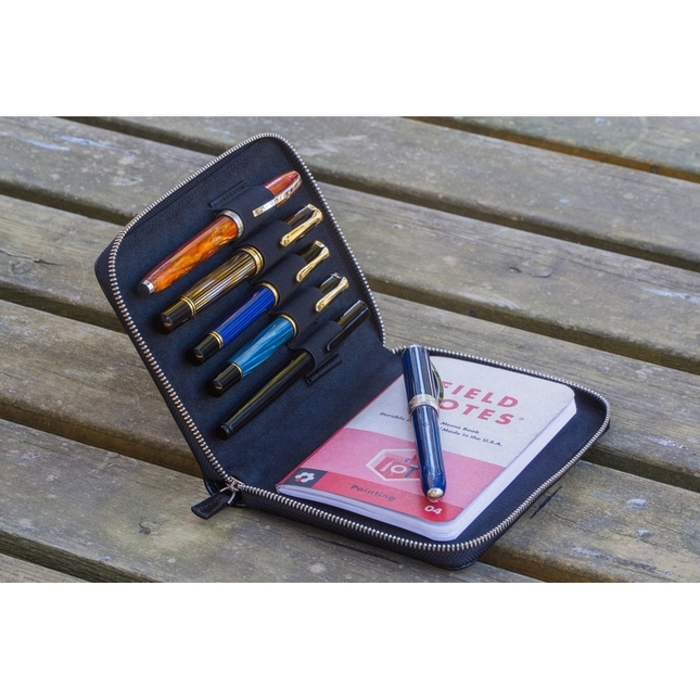 Galen Leather Portapenne in Pelle 5 Posti con Notebook A6 Nero