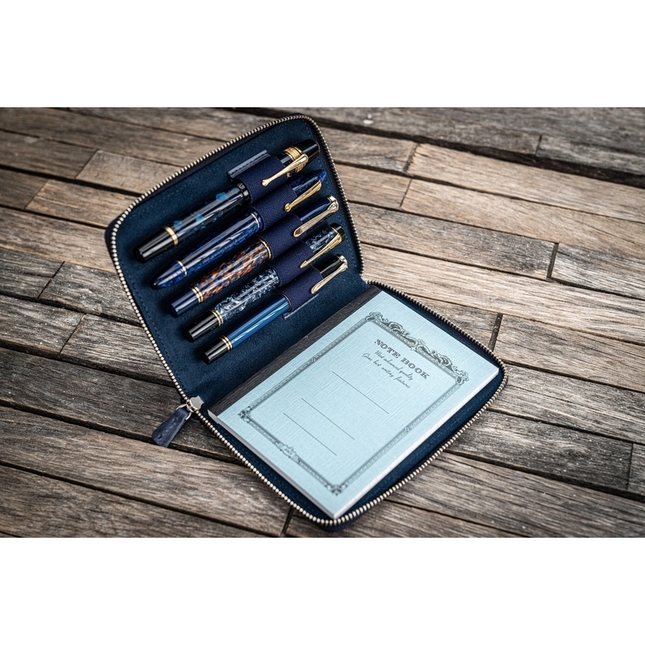 Galen Leather Portapenne in Pelle 5 Posti con Notebook A6 Crazy Horse Navy Blue