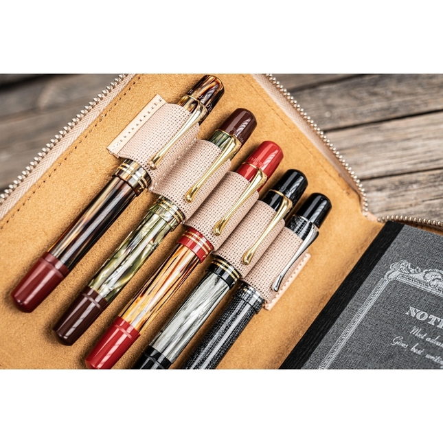 Galen Leather Zippered 5 Slots Pen Case with A6 Notebook Undyed Leather