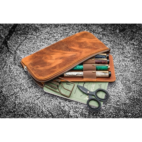 Galen Leather Slip-N-Zip 4 Slots Zippered Pen Pouch Crazy Horse Brown