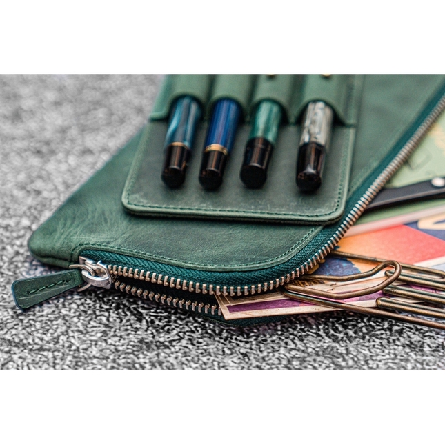 Galen Leather Slip-N-Zip 4 Slots Zippered Pen Pouch Crazy Horse Forest Green
