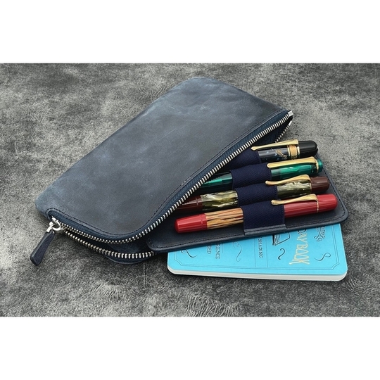 Galen Leather Slip-N-Zip 4 Slots Zippered Pen Pouch Crazy Horse Navy Blue