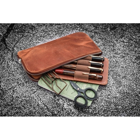 Galen Leather Slip-N-Zip 4 Slots Zippered Pen Pouch Crazy Horse Tan