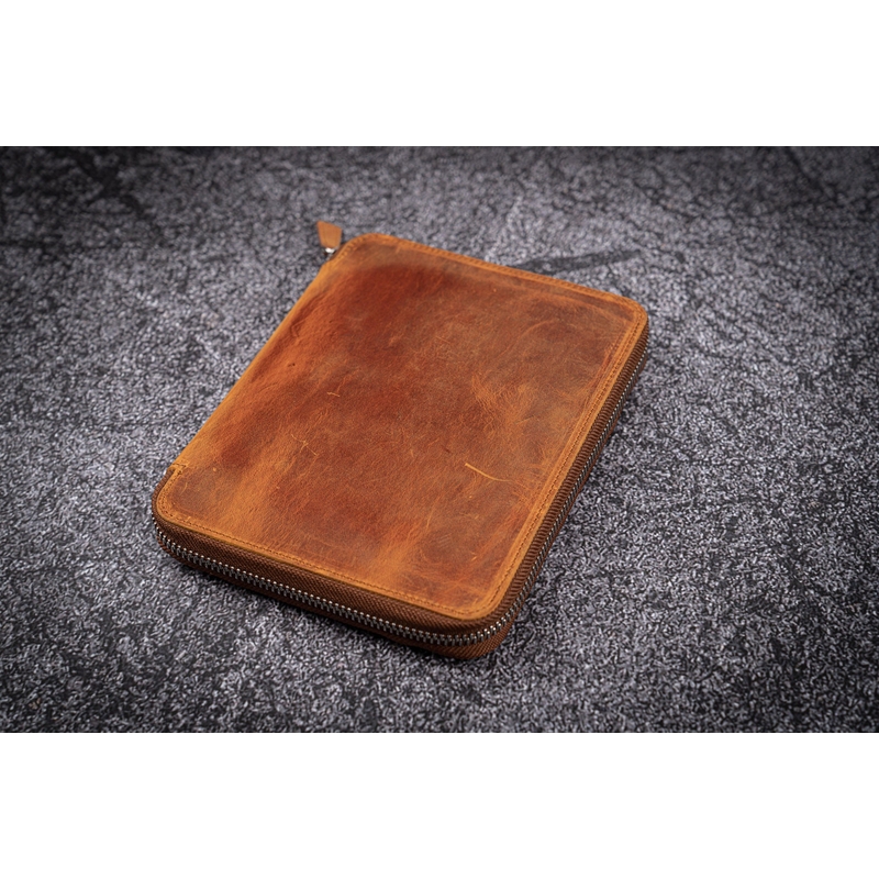 Galen Leather Zippered 10 Slots Pen Case with A5 Notebook Crazy Horse Brown