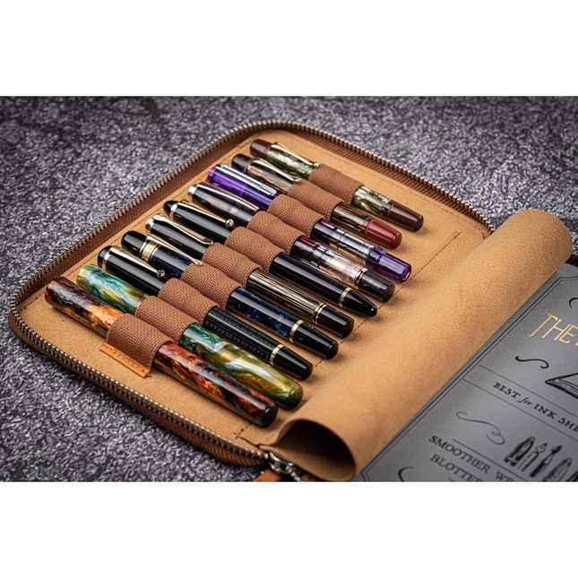 Galen Leather Zippered 10 Slots Pen Case with A5 Notebook Crazy Horse Brown