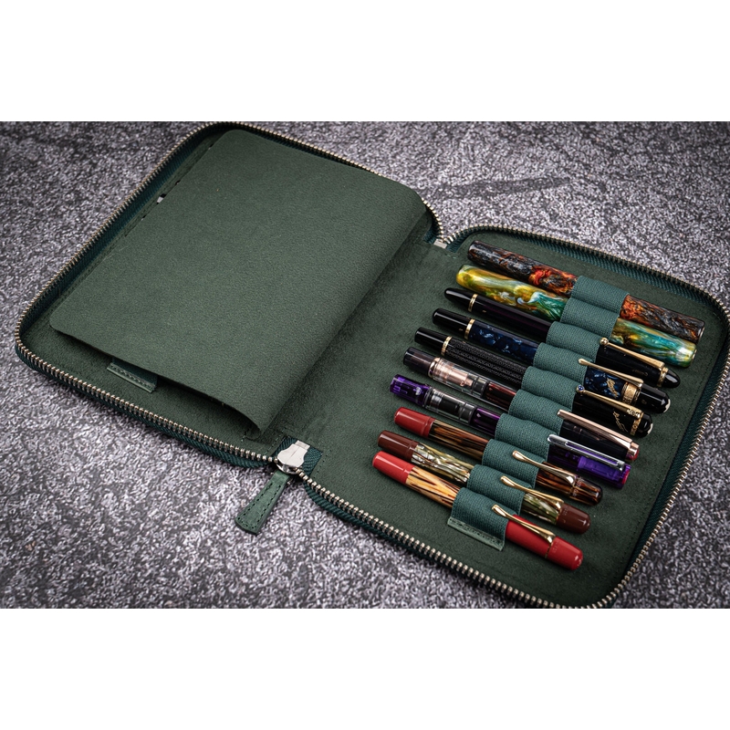 Galen Leather Zippered 20 Slots Pen Case Crazy Horse Forest Green