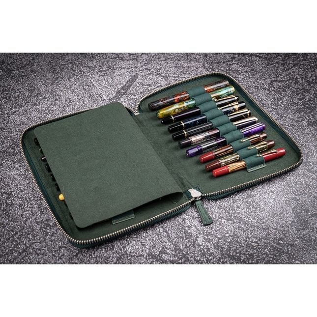 Galen Leather Portapenne in Pelle con Zip 20 Posti Crazy Horse Forest Green