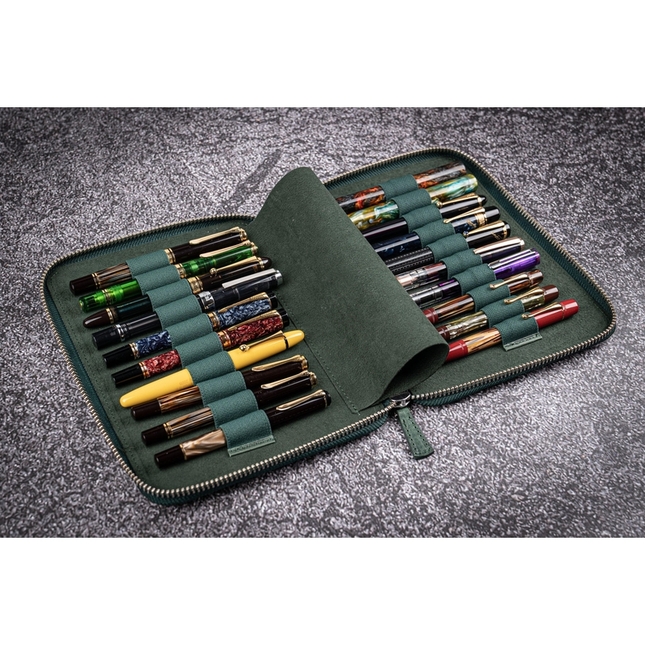 Galen Leather Portapenne in Pelle con Zip 20 Posti Crazy Horse Forest Green