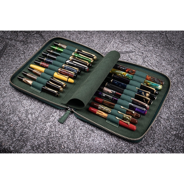 Galen Leather Portapenne in Pelle con Zip 20 Posti Crazy Horse Forest Green