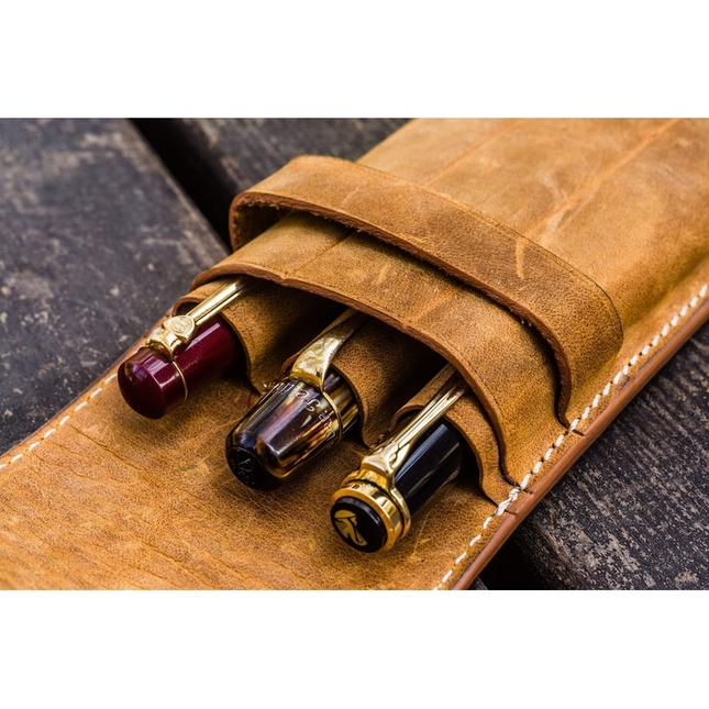 Galen Leather Flap Portapenne in Pelle 3 Posti Crazy Horse Brown