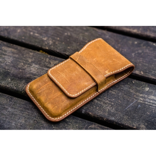Galen Leather Flap Pen Case for 3 Pens Crazy Horse Brown