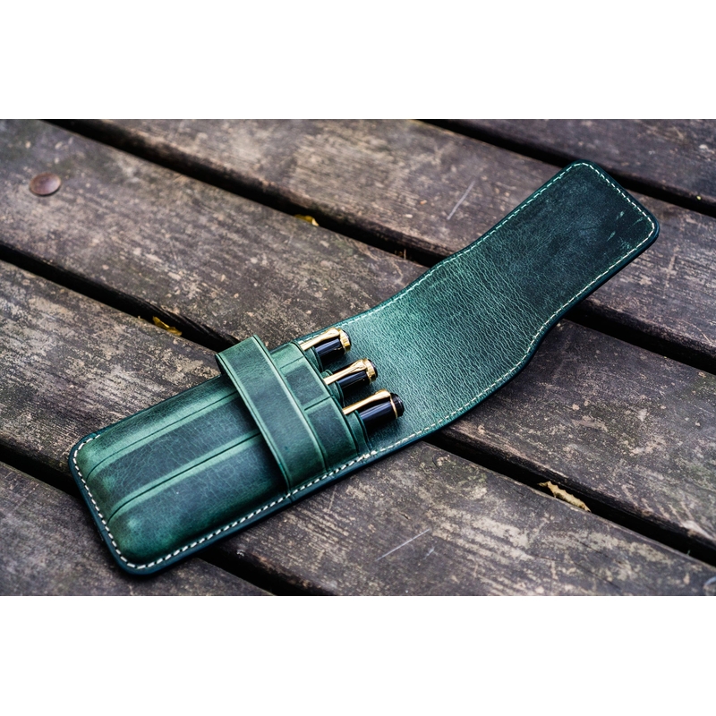 Galen Leather Flap Pen Case for 3 Pens Crazy Horse Forest Green Galen Leather Flap Pen Case for 3 Pens Crazy Horse Forest Green
