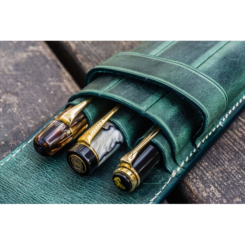 Galen Leather Flap Pen Case for 3 Pens Crazy Horse Forest Green Galen Leather Flap Pen Case for 3 Pens Crazy Horse Forest Green