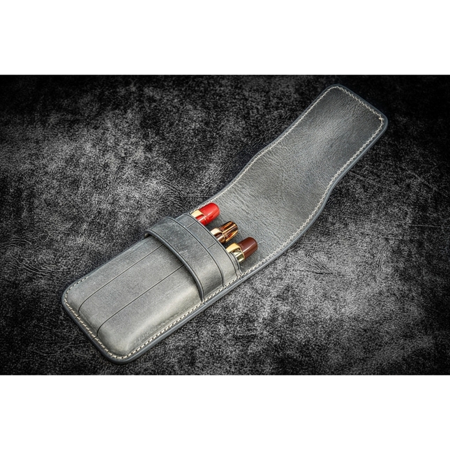 Galen Leather Flap Pen Case for 3 Pens Crazy Horse Smoky Grey