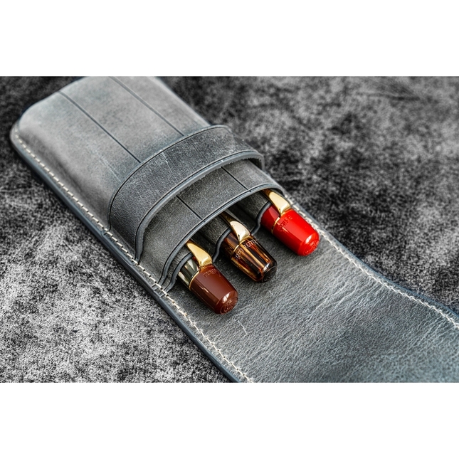 Galen Leather Flap Pen Case for 3 Pens Crazy Horse Smoky Grey