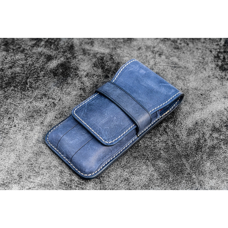 Galen Leather Flap Portapenne in Pelle 3 Posti Crazy Horse Navy Blue