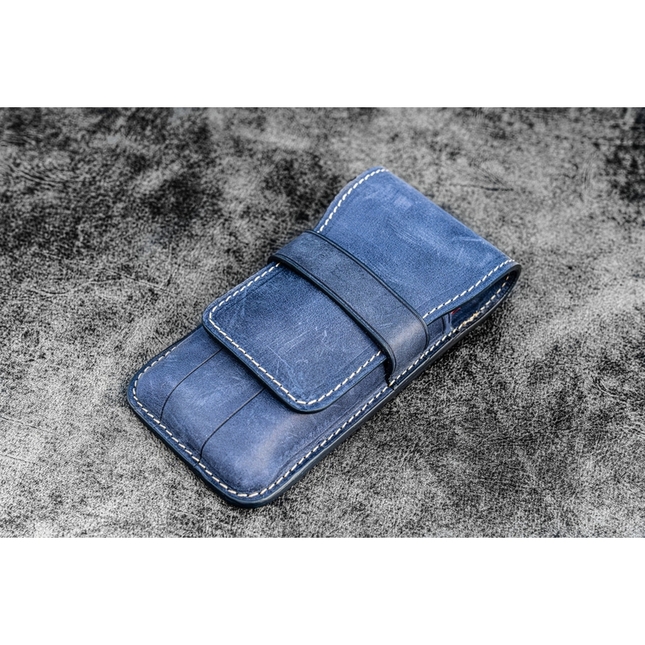 Galen Leather Flap Portapenne in Pelle 3 Posti Crazy Horse Navy Blue