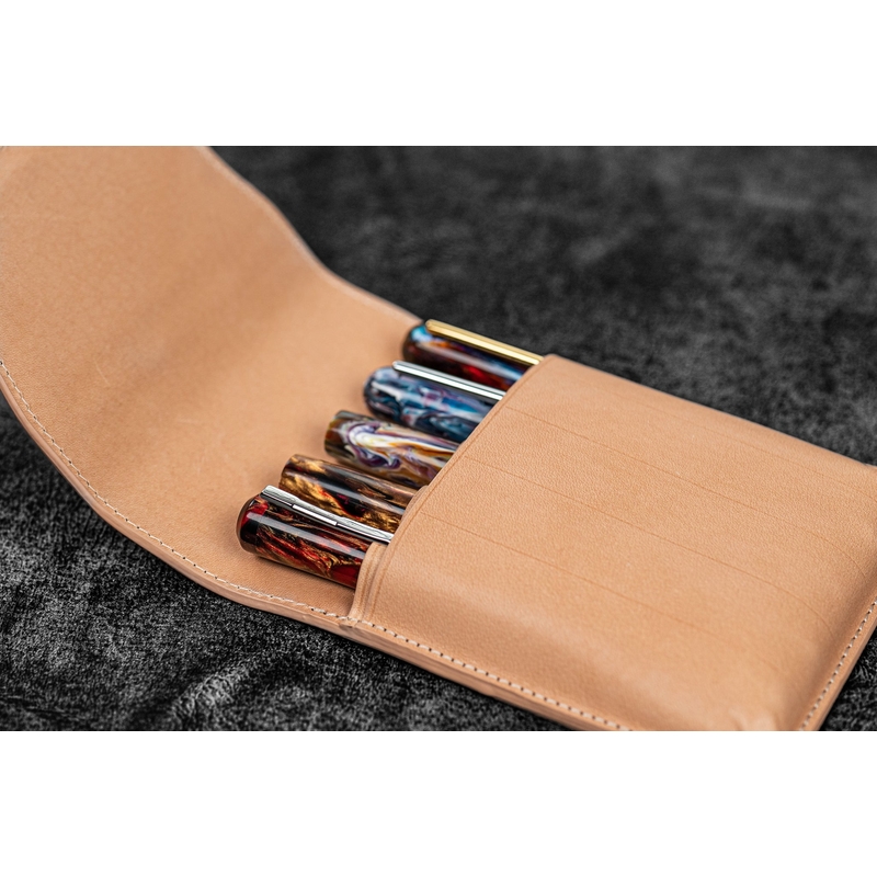 Galen Leather Flap Pen Case for 5 Pens Undyed